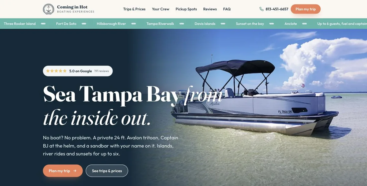 Coming in Hot Boating Experiences homepage