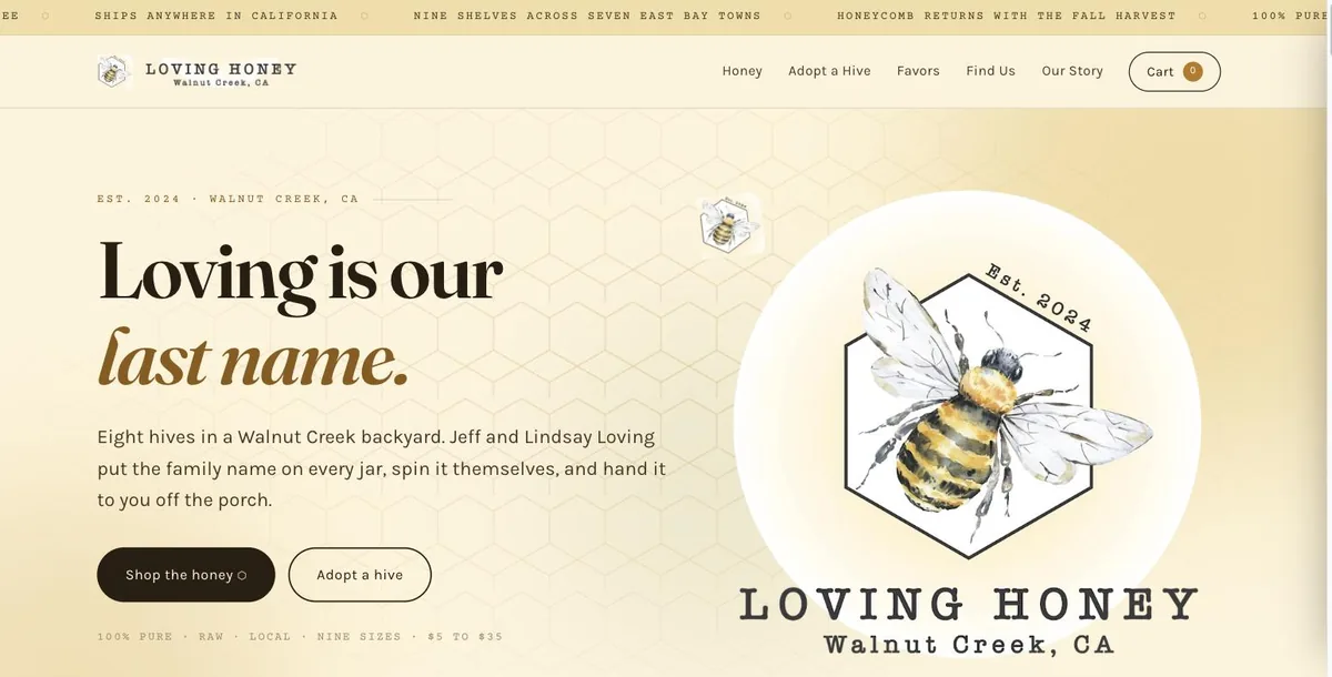 Loving Honey, a one-page site for a backyard honey producer